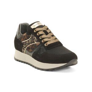 NEROGIARDINI BLACK/LEOPARD Made In Italy Suede Leopard Glitter Runner Sneakers